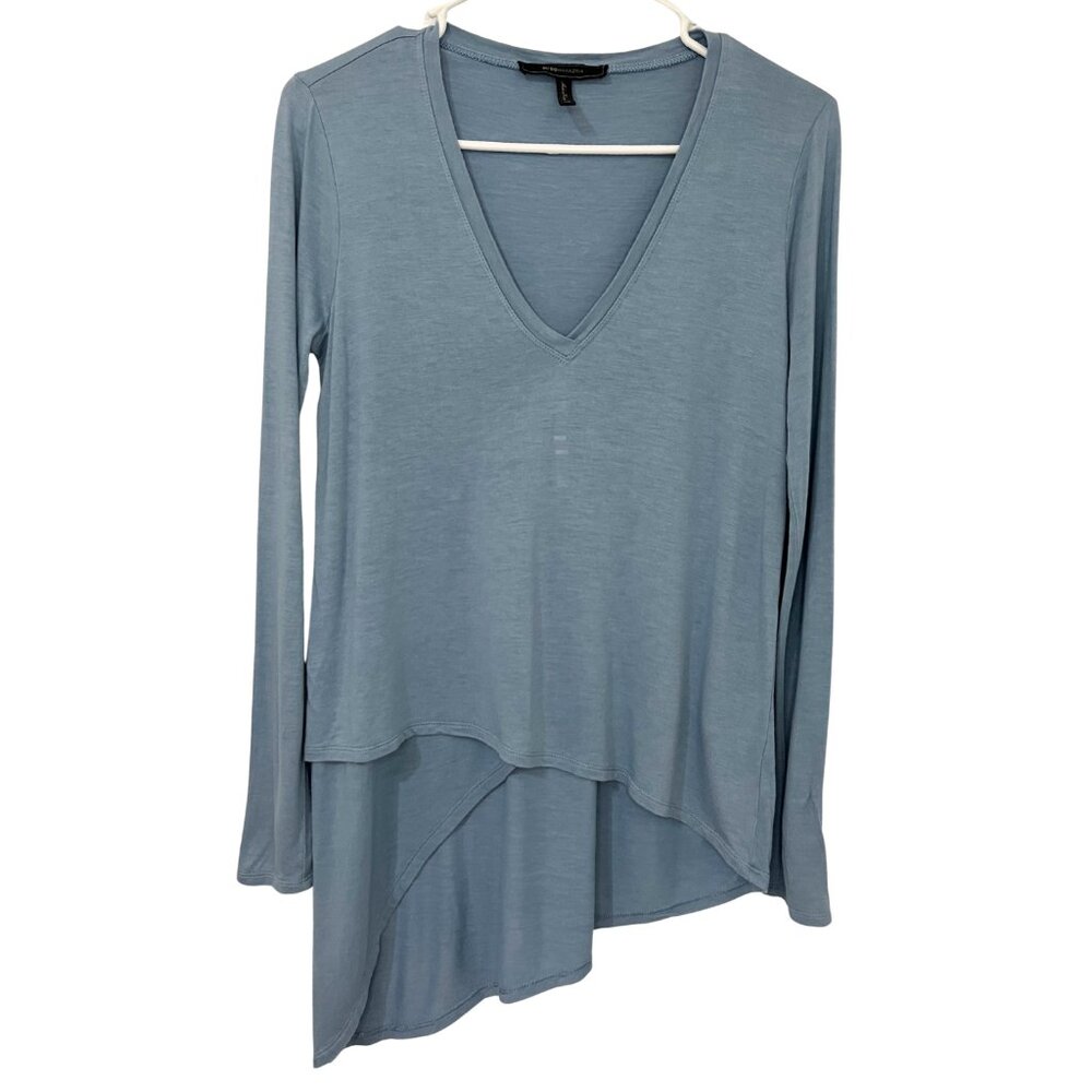 BCBGMaxAxria Blue Asymmetrical Long Sleeve Top Women’s XS Soft Luxe Minimalist